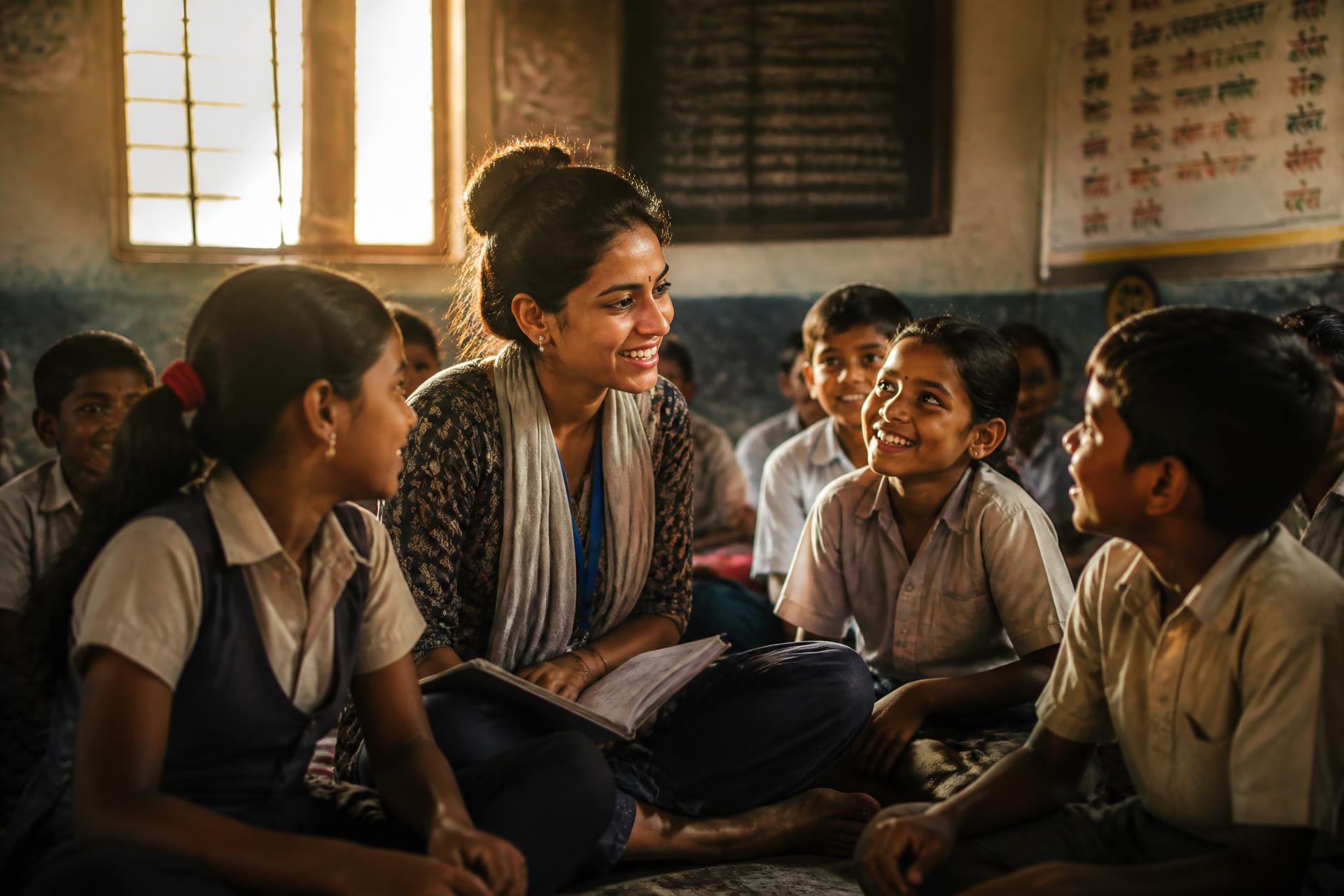 A volunteer teacher laughing with schoolchildren in a village classroom
